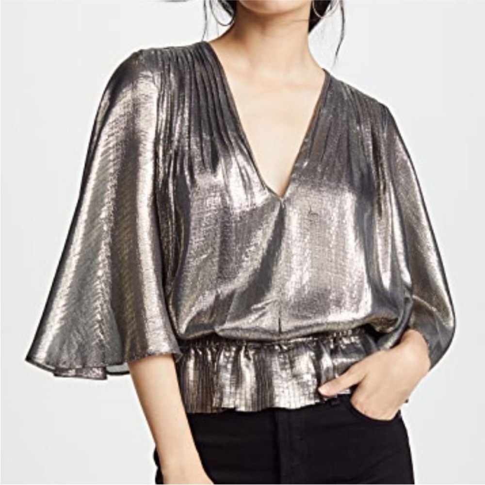 RAMY BROOK Tonya gold Metallic V Neck Top Blouse